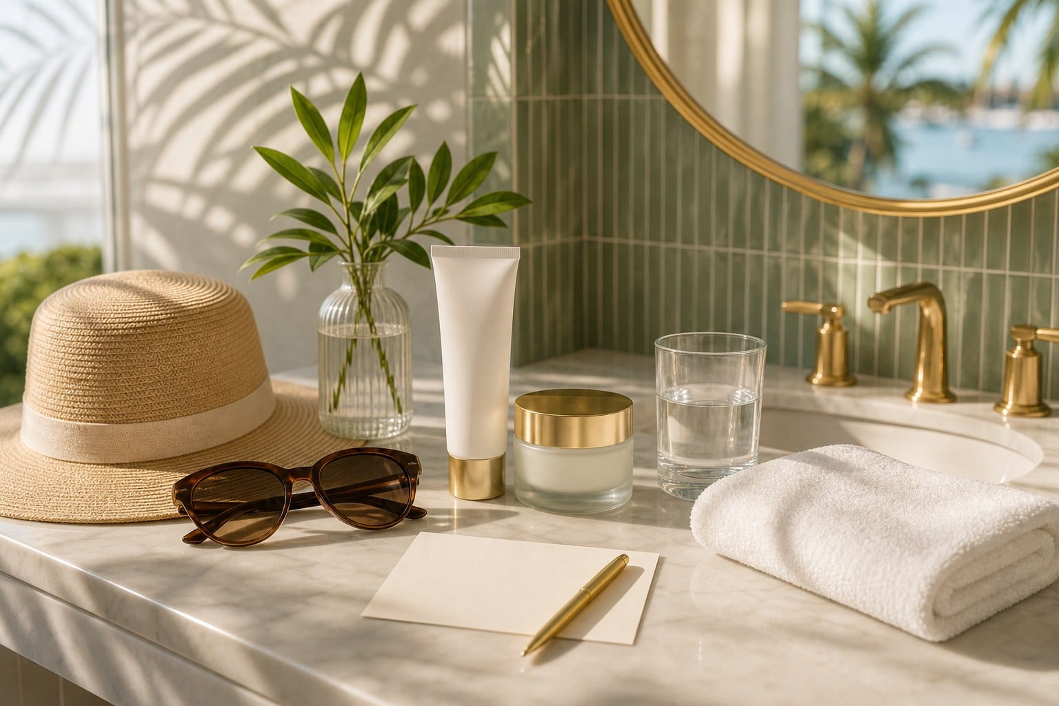 Skincare recovery vanity with SPF hat and towel for chemical peel prep