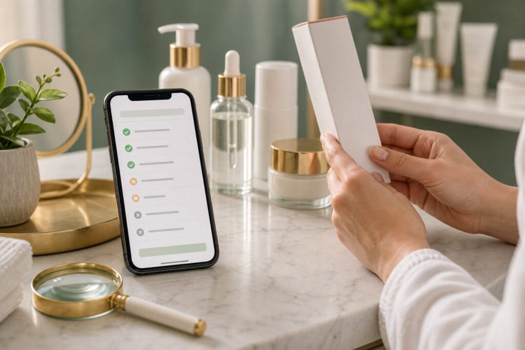 Smartphone ingredient checker with skincare products on a clean vanity