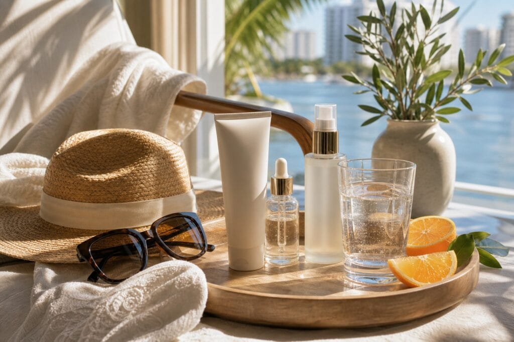 Coastal skincare recovery still life for post-summer skin repair in Fort Lauderdale