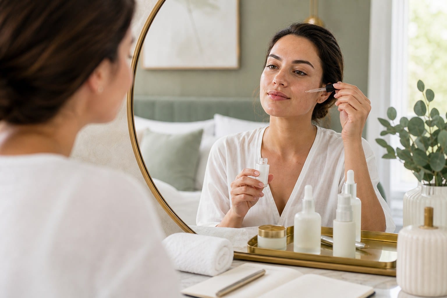 Skincare lifestyle mirror scene for SkinPen microneedling and texture care